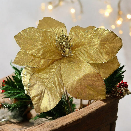 Flor Navideña Poinsettia 27 Cm Dorado