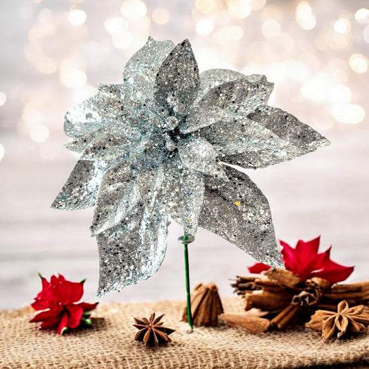 Pick Navideño Flor 20 Cm Silver