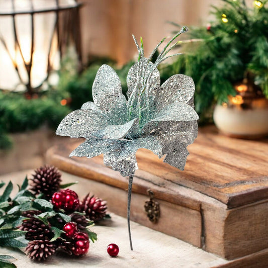 Pick Navideño Flor 20 Cm Silver