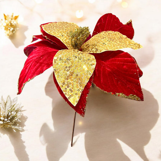 Flor Navideña Poinsettia 30 Cm Rojo/Dorado