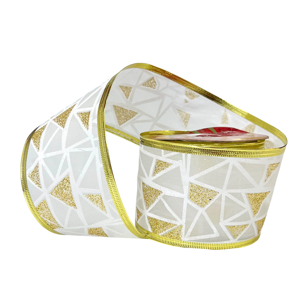 Cinta Navideña Dorado y Blanco / 8 cm x 10 yd / Miró Christmas