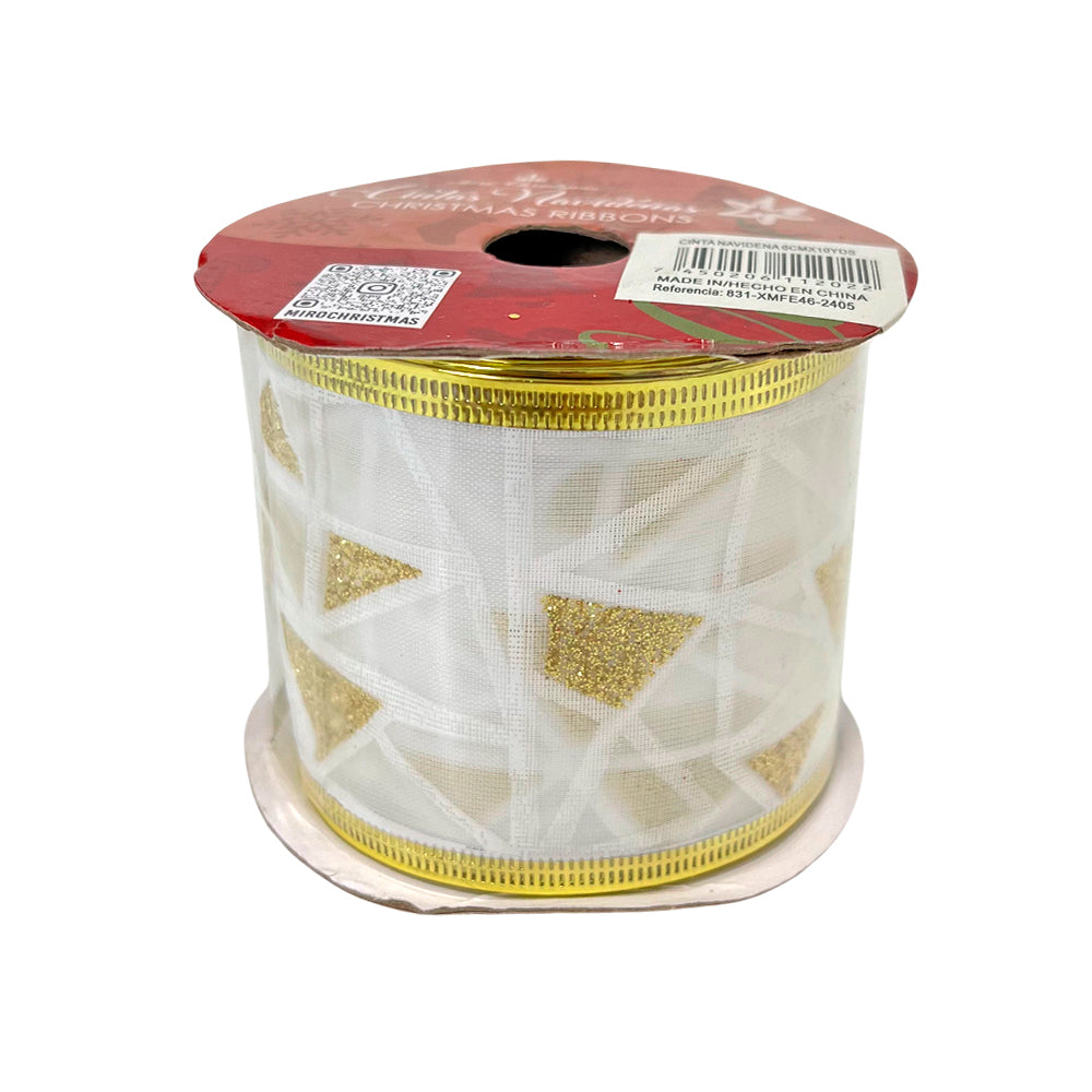 Cinta Navideña Dorado y Blanco / 8 cm x 10 yd / Miró Christmas