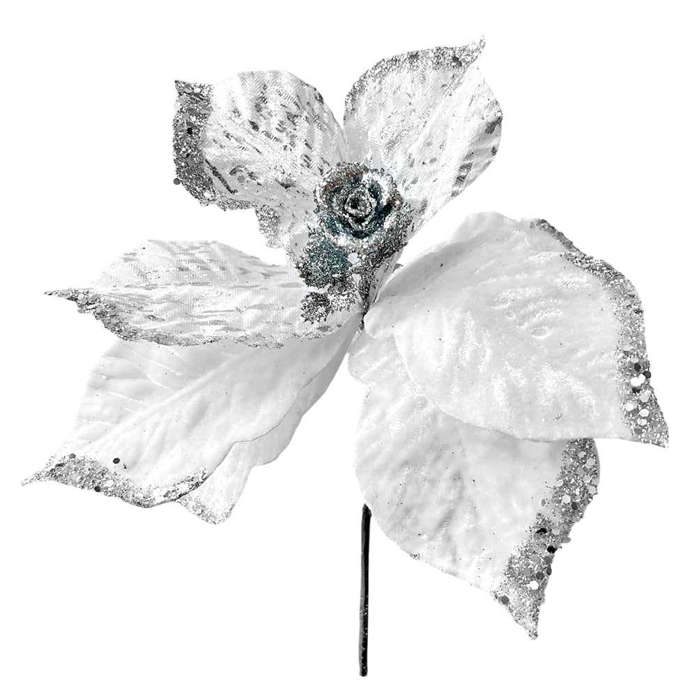 Flor Navideña Poinsettia 30 cm / Blanca y Plateada / Montefiori Christmas