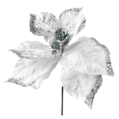 Flor Navideña Poinsettia 30 cm / Blanca y Plateada / Montefiori Christmas