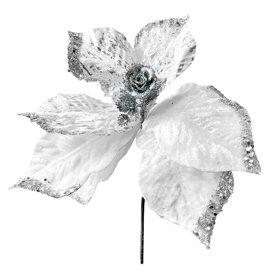Flor Navideña Poinsettia 30 cm / Blanca y Plateada / Montefiori Christmas
