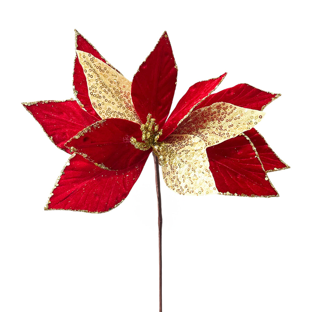 Flor Navideña Poinsettia / 30 cm / Rojo y Dorado / Montefiori Christmas