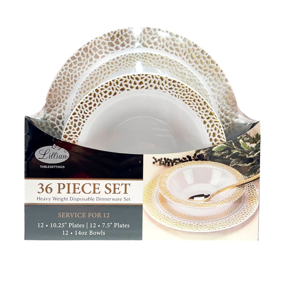 Platos Reutilizables Lillian - 36 Piezas - Blancos Diseño Dorado