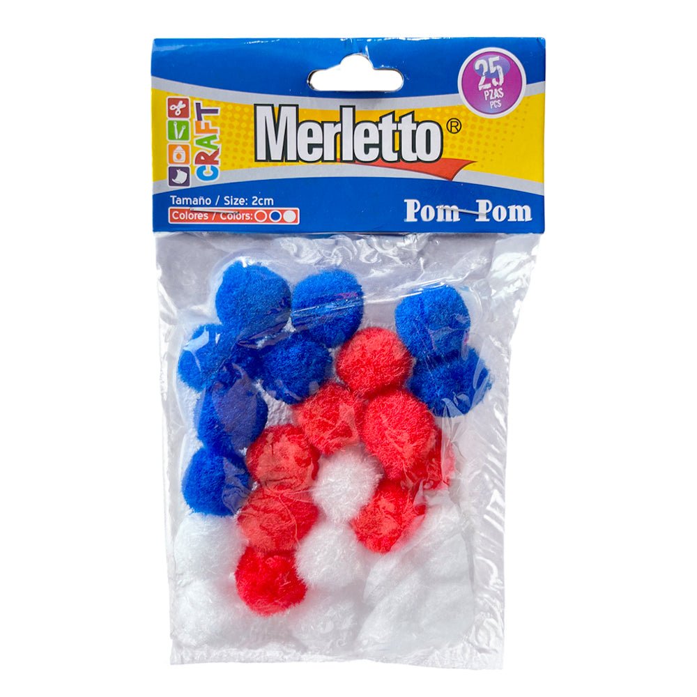 Pom Pom 2 CM Merletto Rojo/Azul/Blanco 25 Piezas - Merletto - Titan.com.pa - 7450009186435