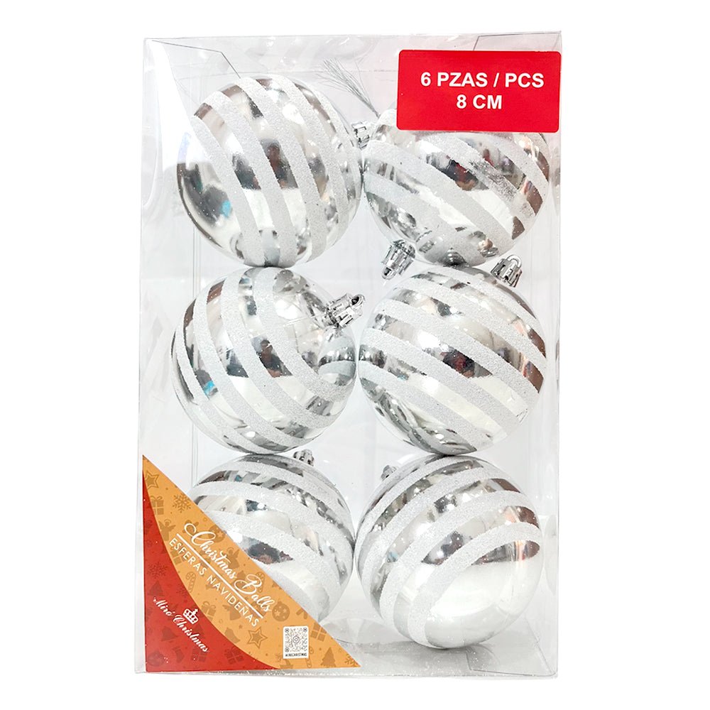 Set de 6 Bolas Navideñas Decoradas 8 cm / Plateado y Blanco / Miró Christmas - Miro Christmas - Titan.com.pa - 7450206282251