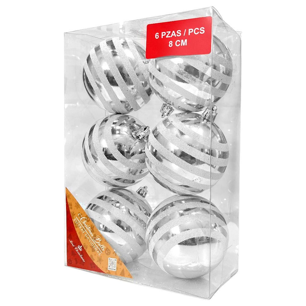 Set de 6 Bolas Navideñas Decoradas 8 cm / Plateado y Blanco / Miró Christmas - Miro Christmas - Titan.com.pa - 7450206282251