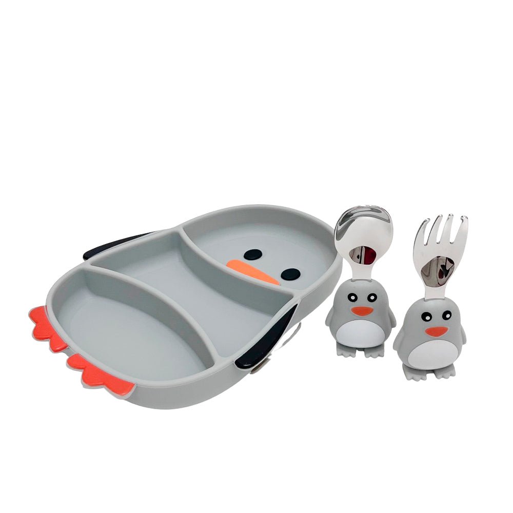 Set de Plato y Cubierto Boogy de Silicona / Diseño de Pingüino - Boogy - Titan.com.pa - 7453136600959