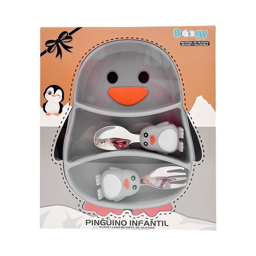 Set de Plato y Cubierto Boogy de Silicona / Diseño de Pingüino - Boogy - Titan.com.pa - 7453136600959