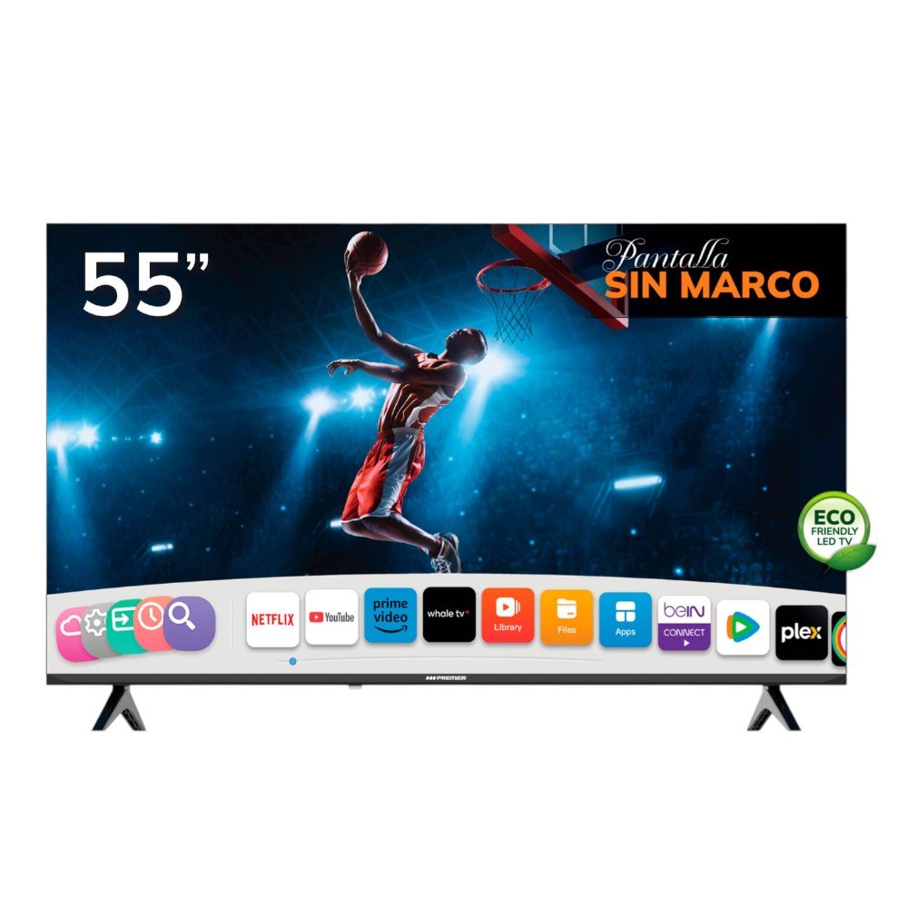 Smart TV 55 pulg 4K UHD sin marco con Android 13, Dolby Audio, control de voz y soporte de pared. Electrónica el Titán Panamá.