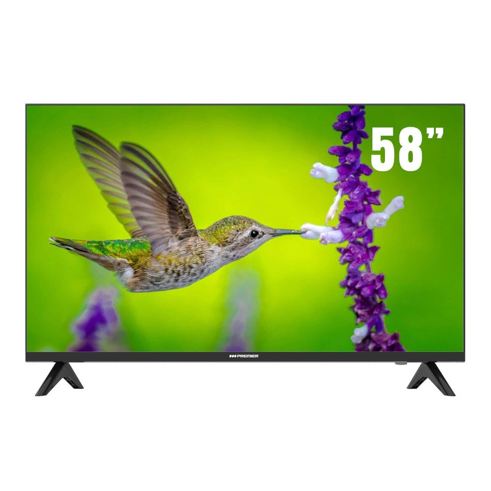 Smart TV de 58 pulg 4K sin marco con Android 14, Dolby Audio, control de voz y soporte de pared. Electrónica en Titán Panamá.