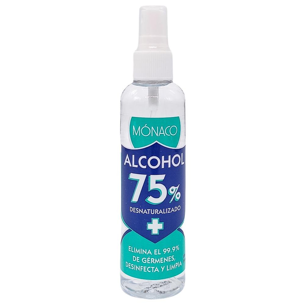 Alcohol Mónaco Desnaturalizado al 75% Con Atomizador 120 ml