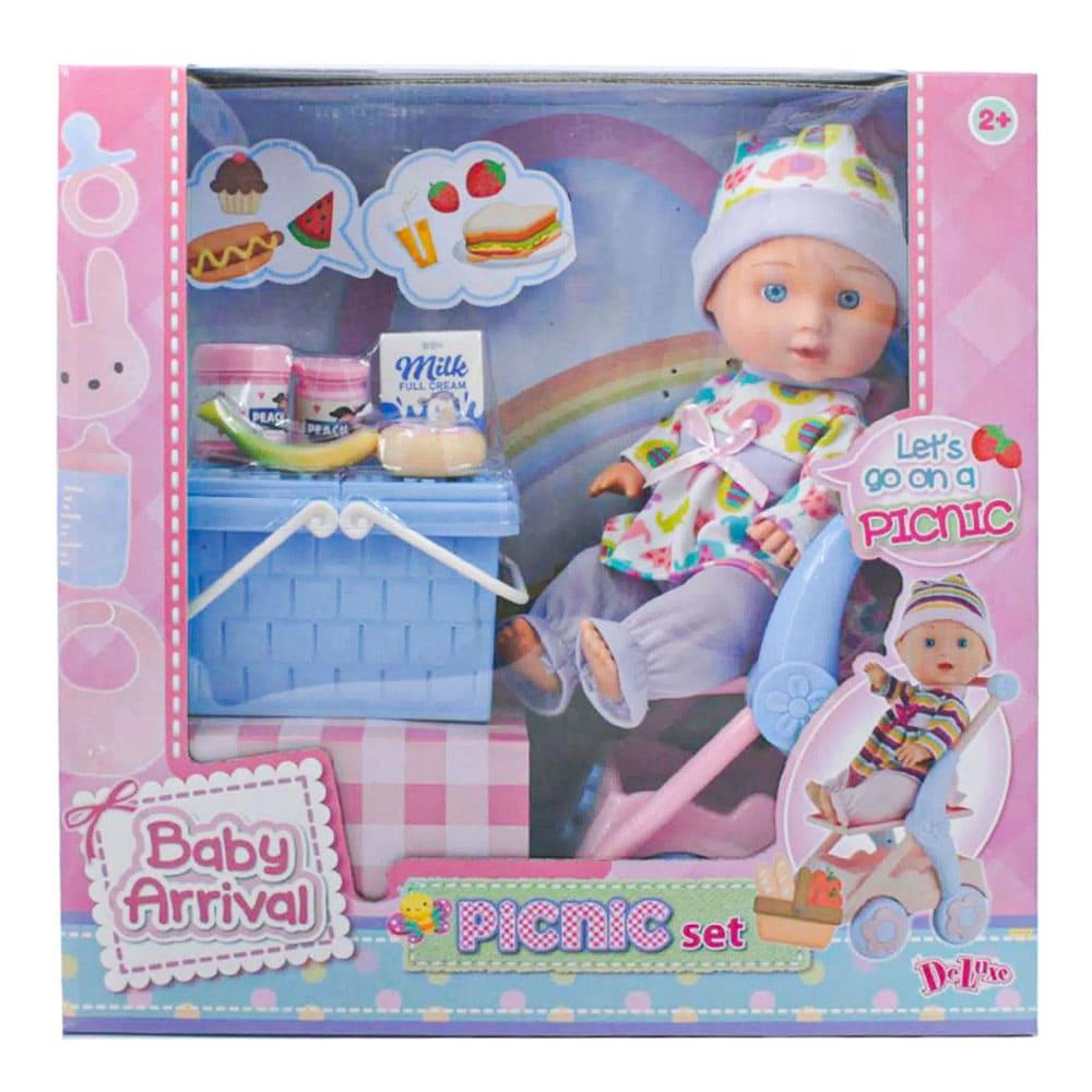 Muñeca Bebé Deluxe Set de Picnic y Coche 30 cm