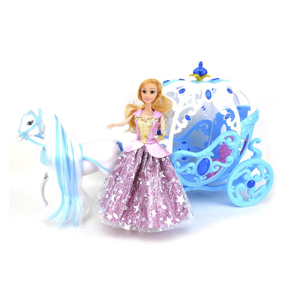 Muñeca Con Carruaje De Caballo Fantasía Azul