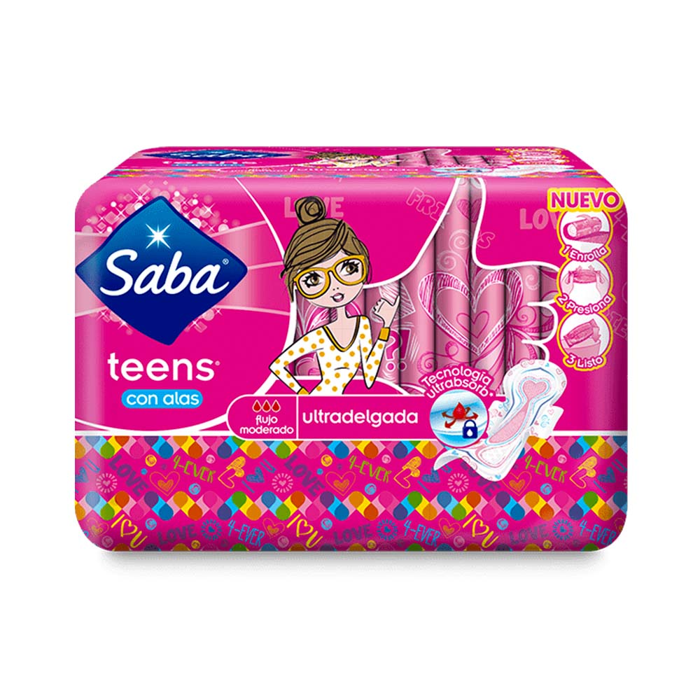 Toallas Sanitarias Saba Teens Ultradelgada Con Alas 10 Unidades
