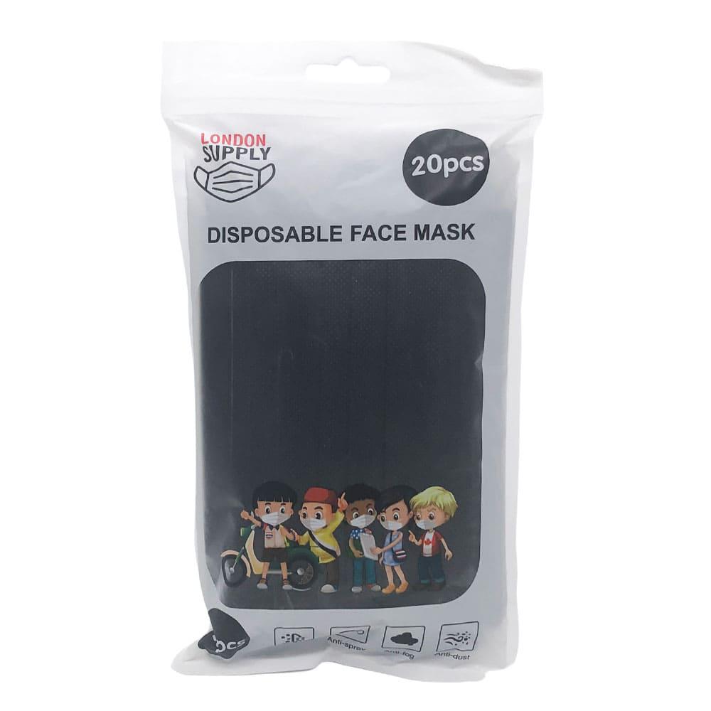 Mascarilla Desechable London 3 Pliegues Negro Infantil 20 Piezas