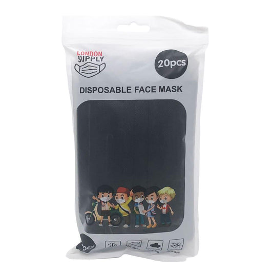 Mascarilla Desechable London 3 Pliegues Negro Infantil 20 Piezas