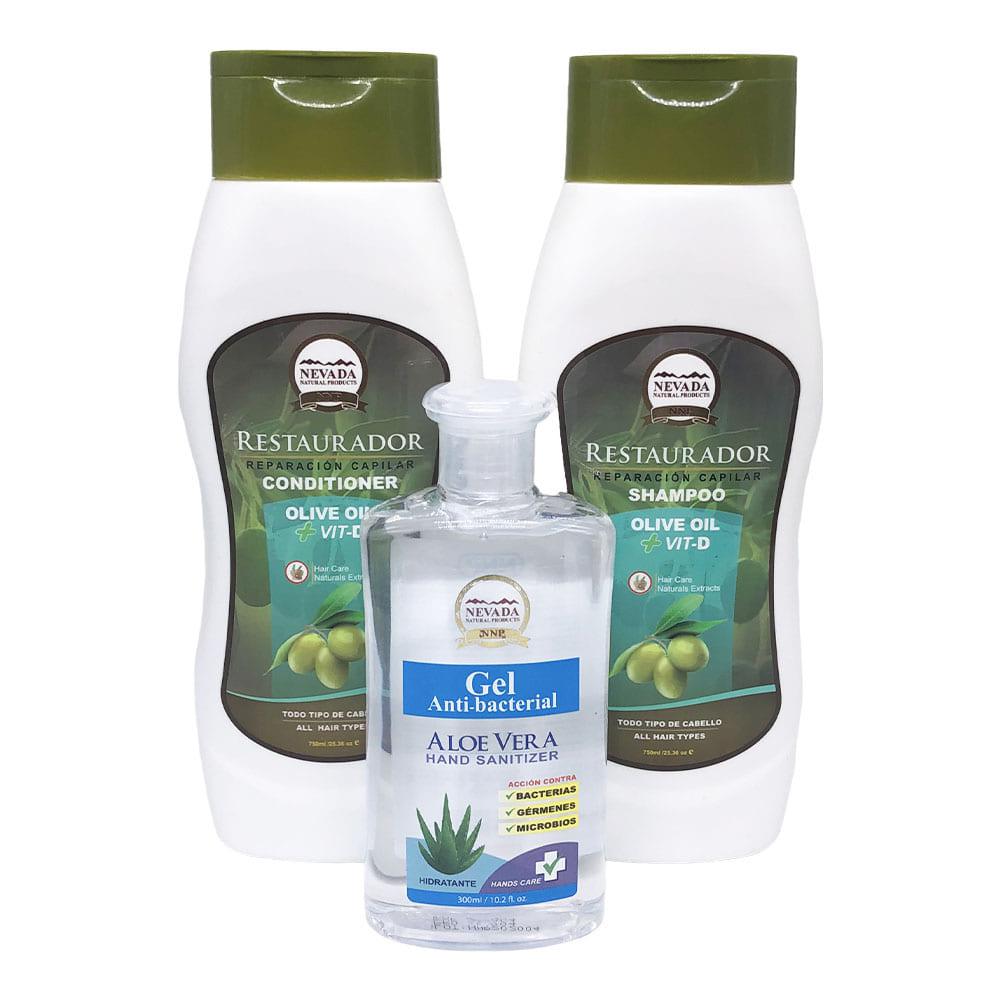 Set de Shampoo Acondicionador y Gel Antibacterial Nevada Con Aceite de Oliva