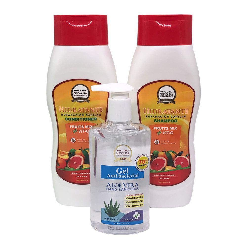 Set de Shampoo Acondicionador y Gel Antibacterial Nevada Con Frutas Mixtas