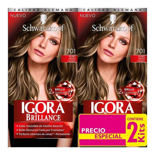 Tinte Igora Brillance Rubio Medio Cenizo 701 Kit de 2 Piezas